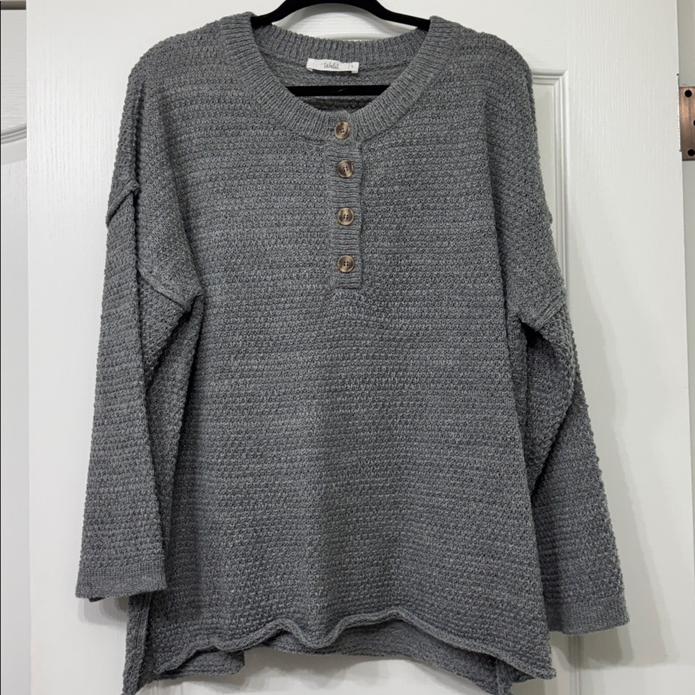 Two Piece Shop Talulah Gray Knit Top and Matching wide leg pants.